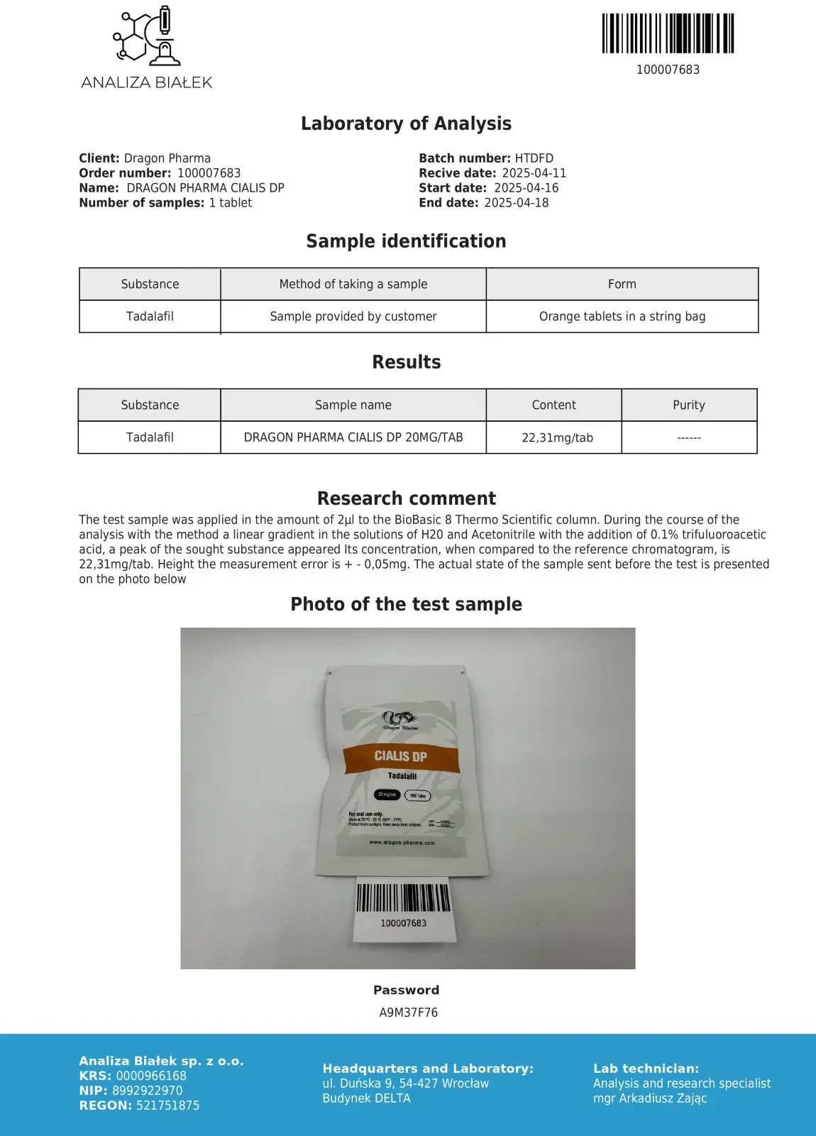 Cialis DP Certificate of Analysis