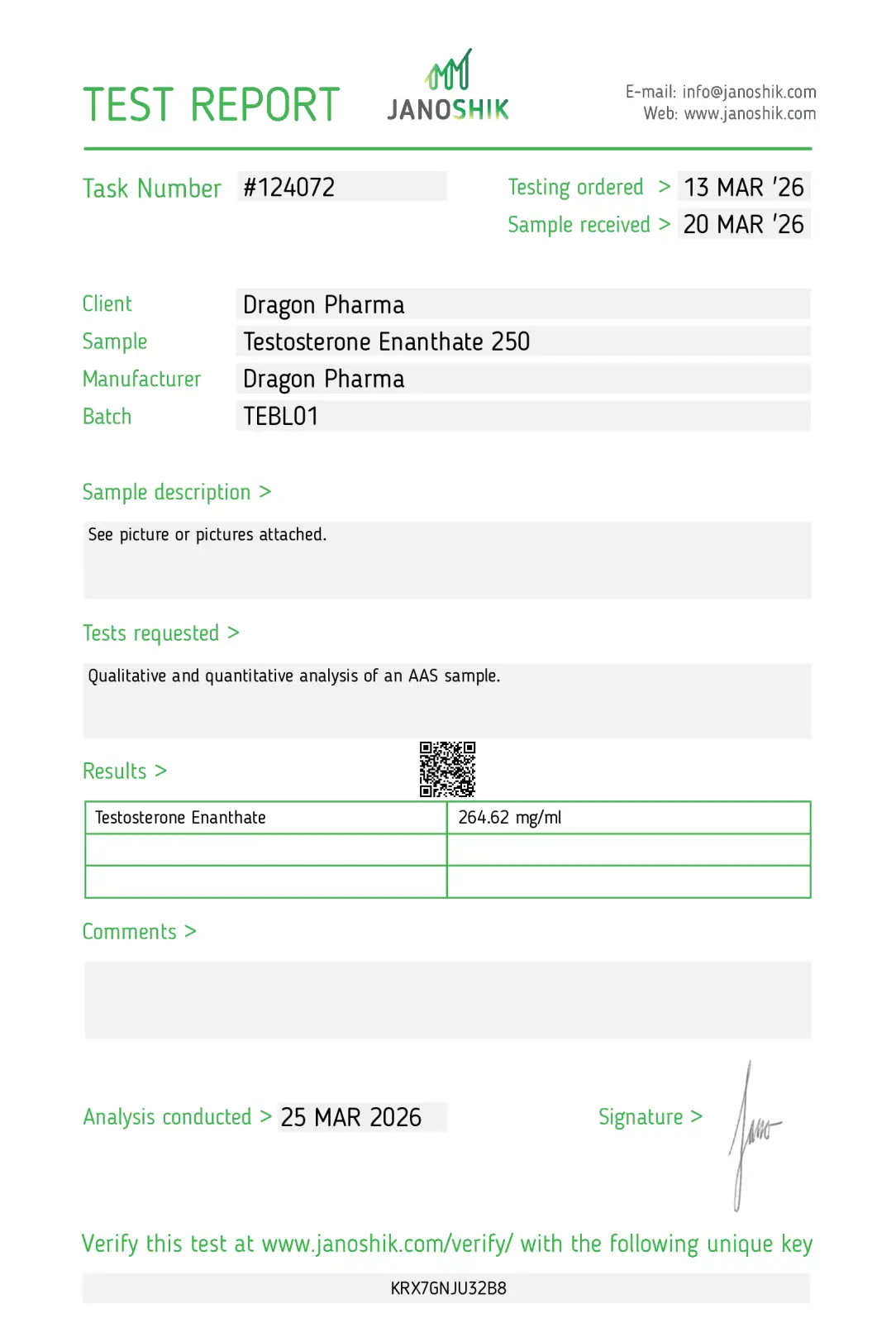 Enantat 250 Certificate of Analysis