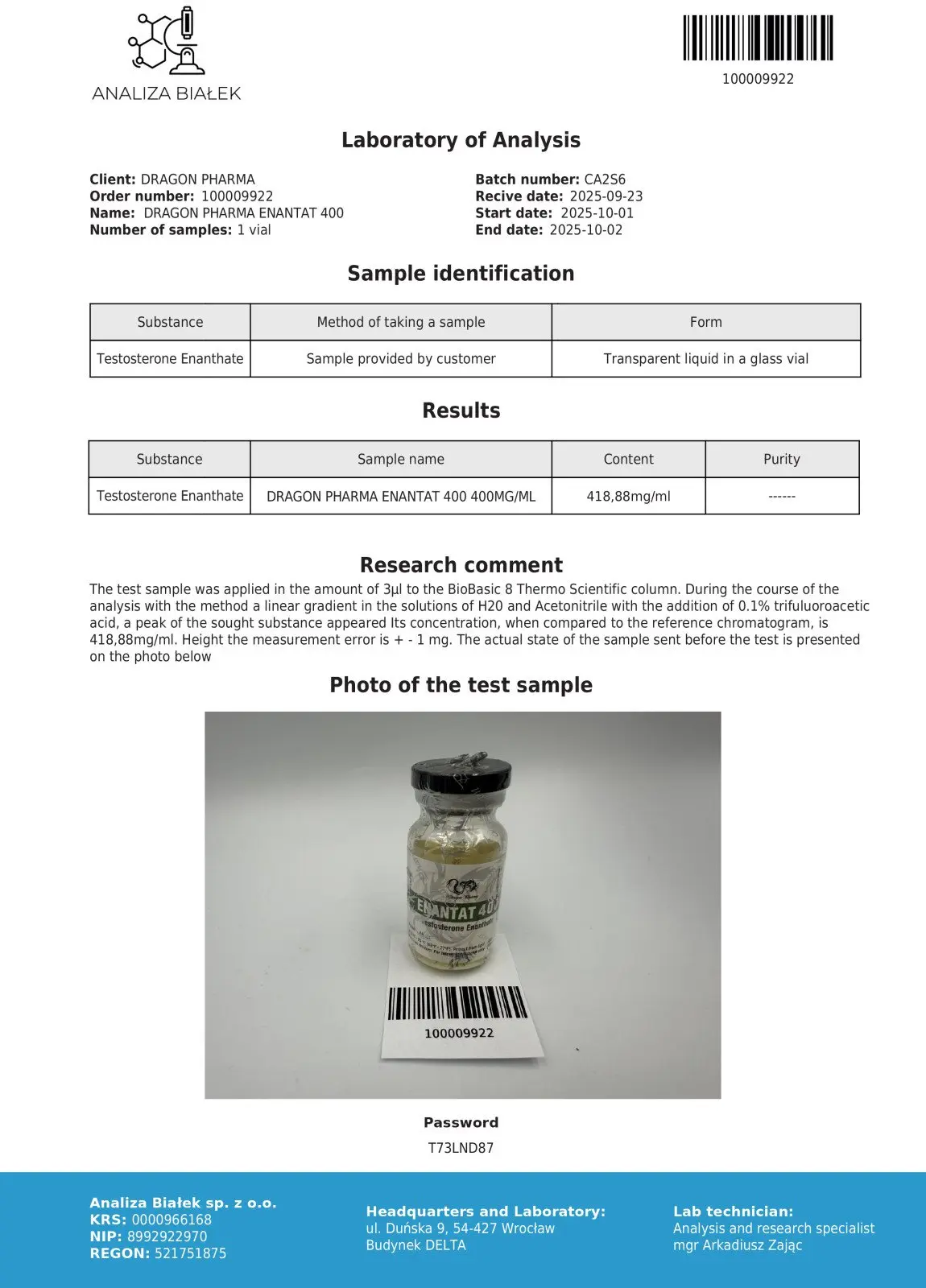Enantate 400 Certificate of Analysis