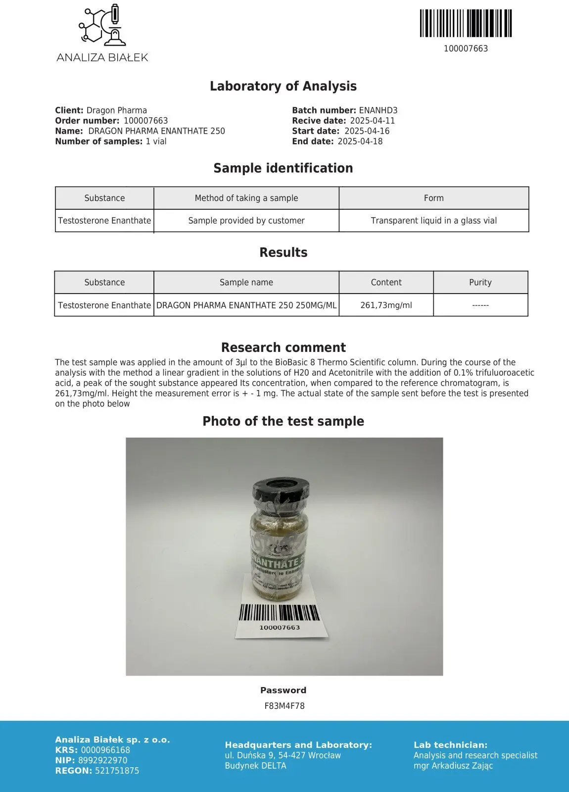 Product 2 Certificate of Analysis