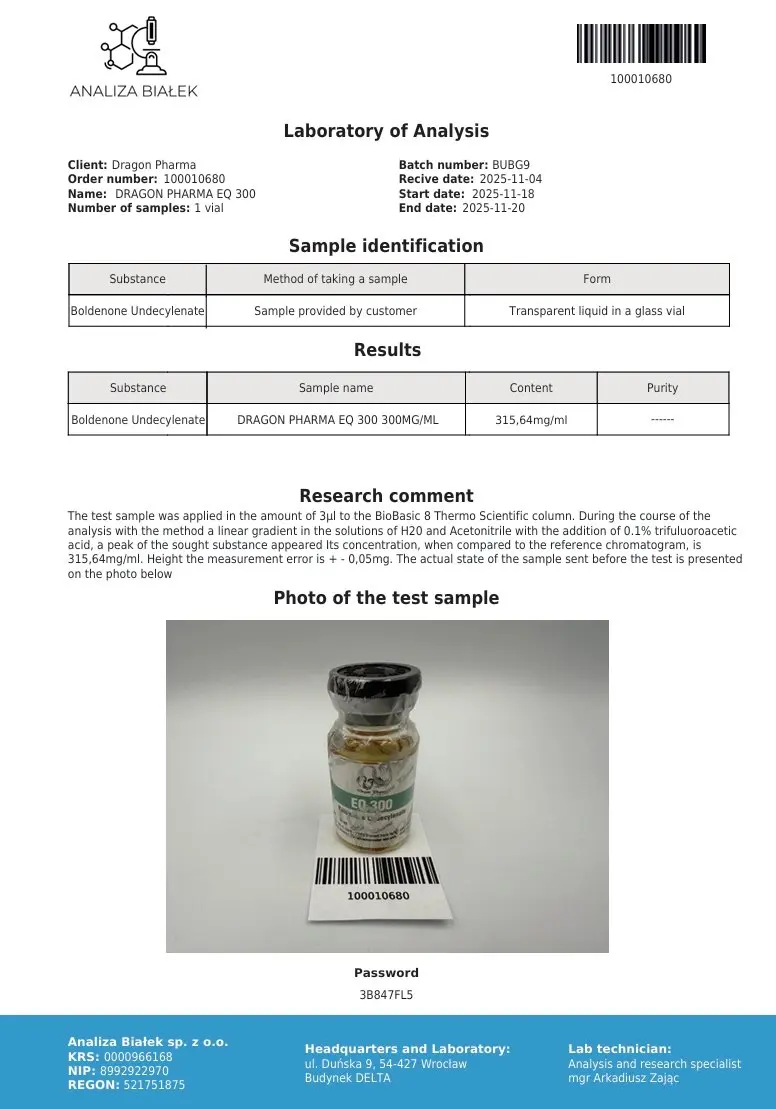 EQ 300 Certificate of Analysis