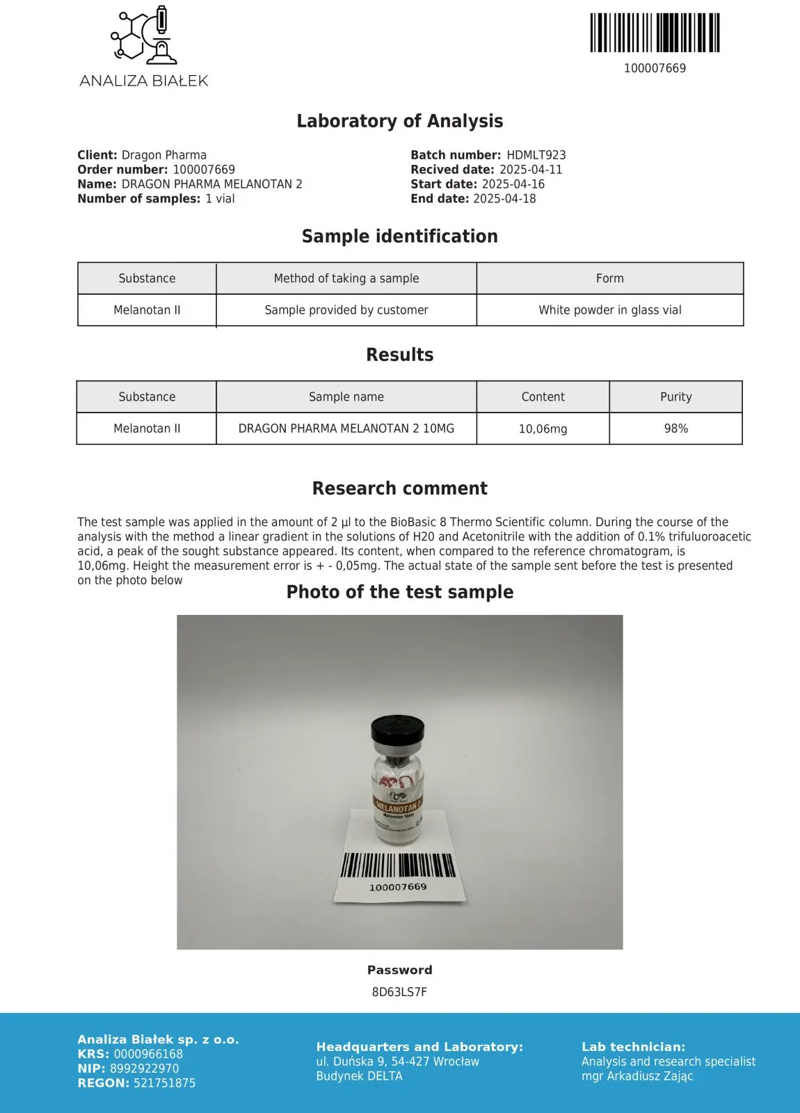 Melanotan 2 (MT2) 10mg Certificate of Analysis
