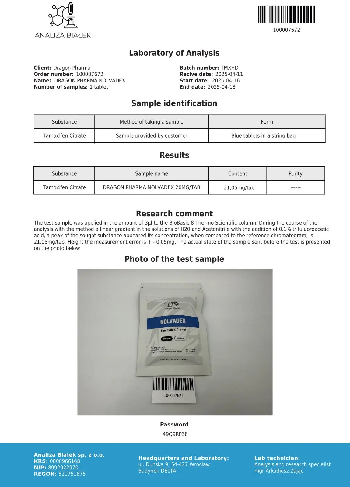 Nolvadex Certificate of Analysis