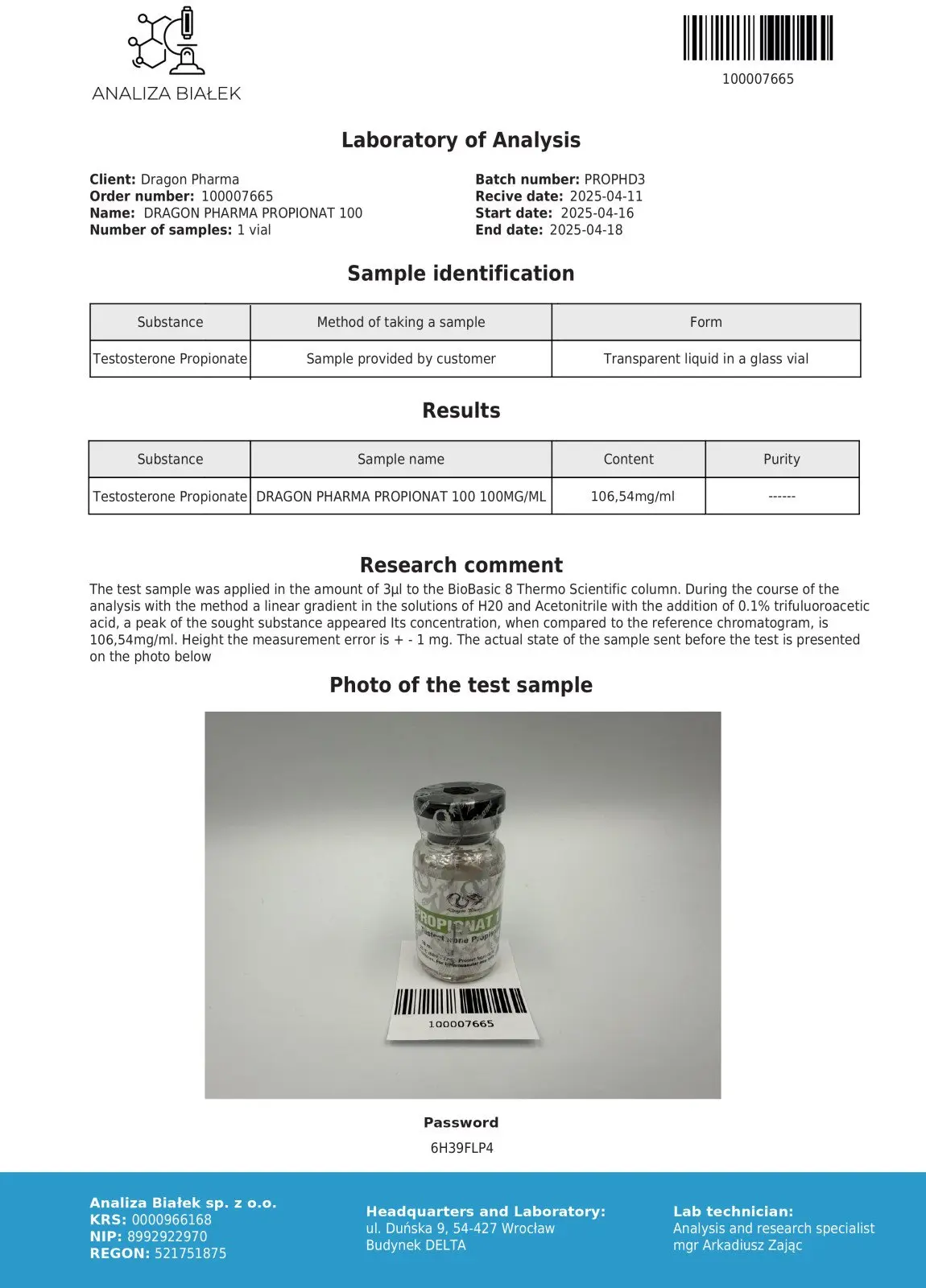 Propionat 100 Certificate of Analysis